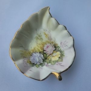 Vintage Floral Ceramic Leaf Shaped Mini Trinkets Gold Trim